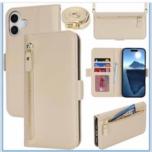 iPhone 16 Cream Wallet Phone Case with Strap
